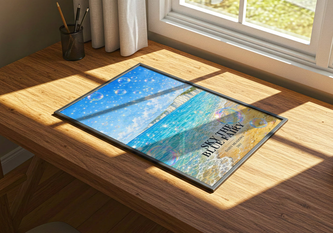 Sky the Blue Fairy watercolour book poster framed on wall – childrens wall art