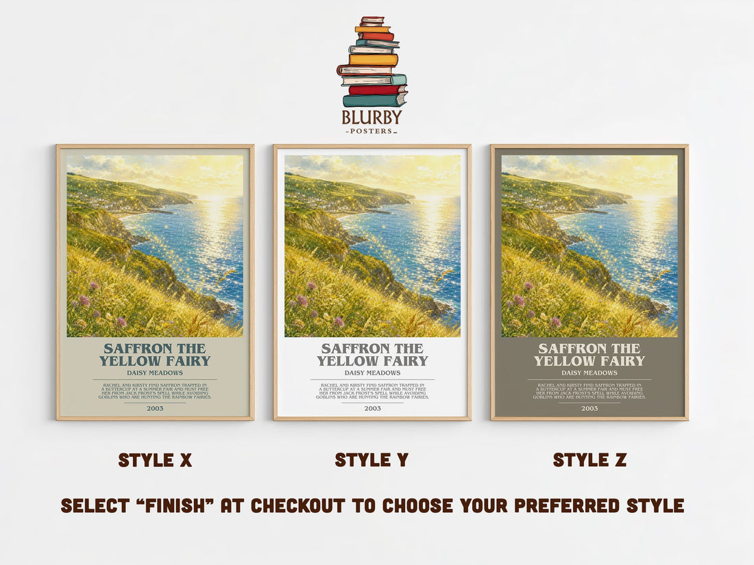 Saffron the Yellow Fairy bookish print in frame leaning in hallway – childrens wall art (mockup)