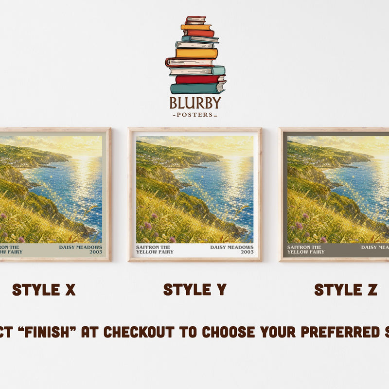 Saffron the Yellow Fairy literary print in frame leaning in hallway – childrens wall art