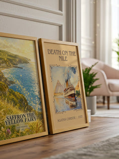 Saffron the Yellow Fairy watercolour print framed by window – literary home decor