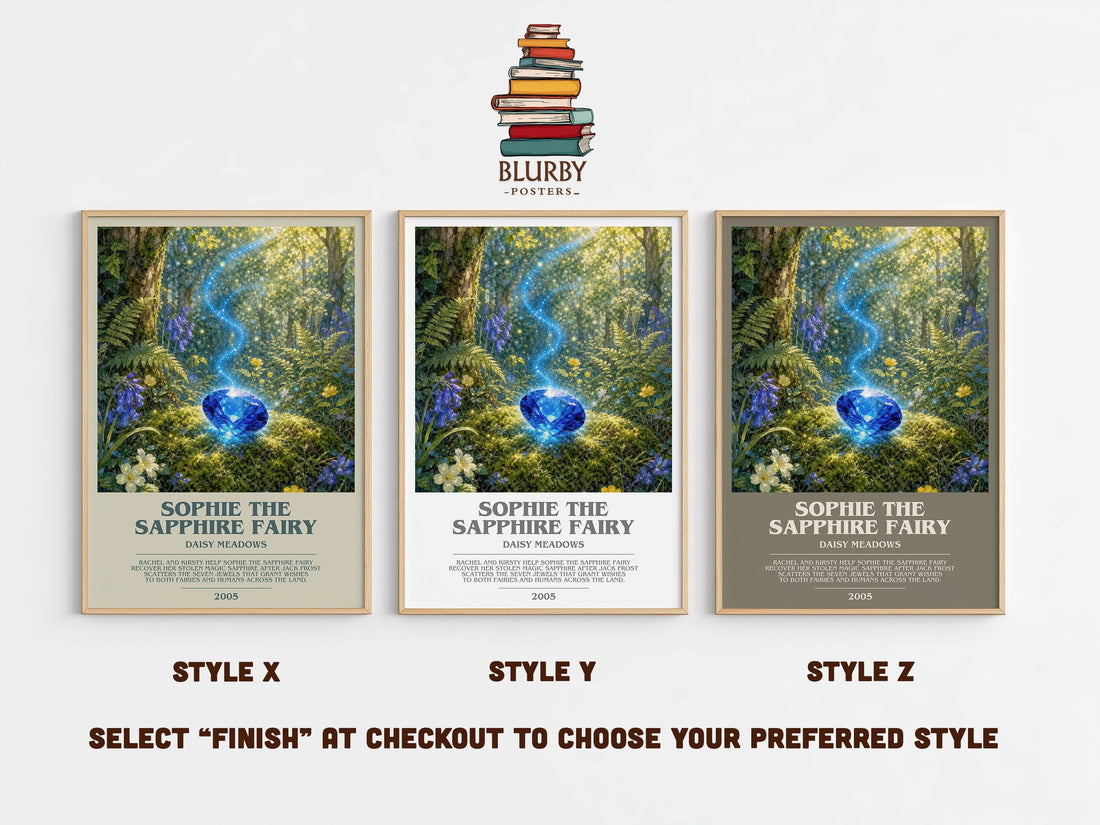 Sophie the Sapphire Fairy bookish print in frame leaning in hallway – childrens wall art (mockup)