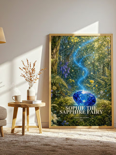 Sophie the Sapphire Fairy watercolour print in frame leaning in hallway – childrens wall art