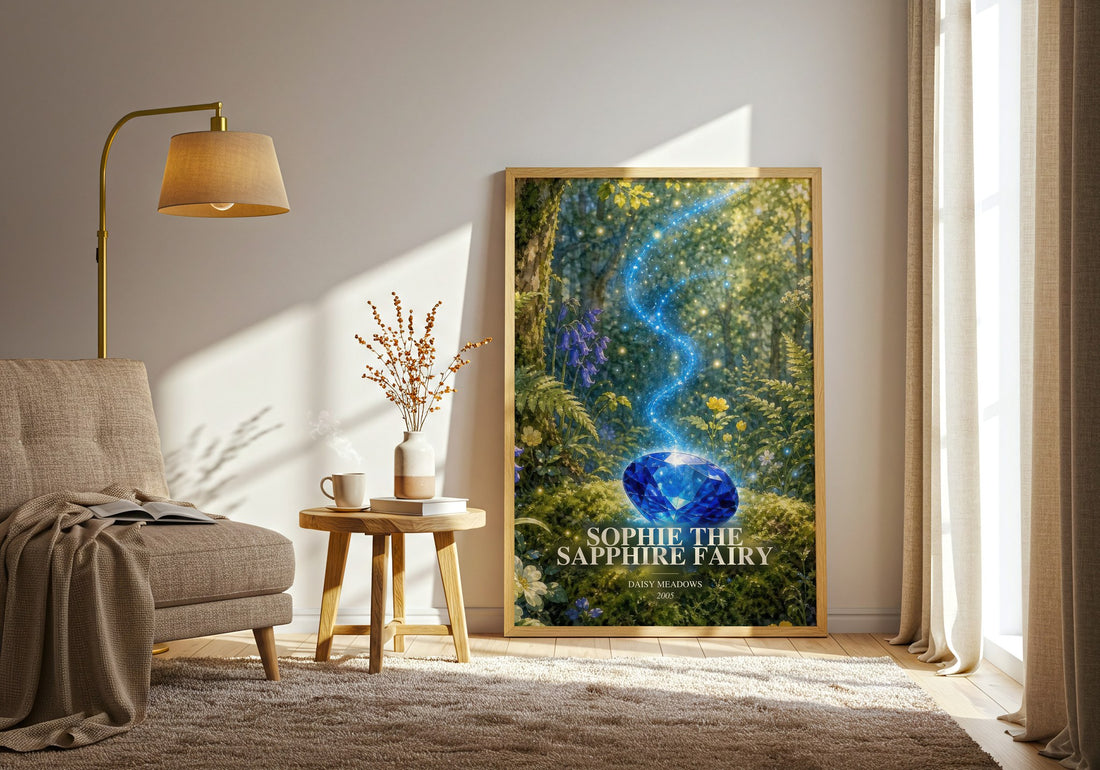 Sophie the Sapphire Fairy watercolour print in frame leaning in hallway – childrens wall art