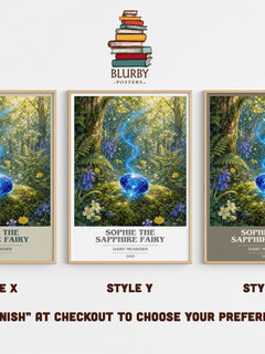 Sophie the Sapphire Fairy book cover print in frame leaning in hallway – childrens wall art