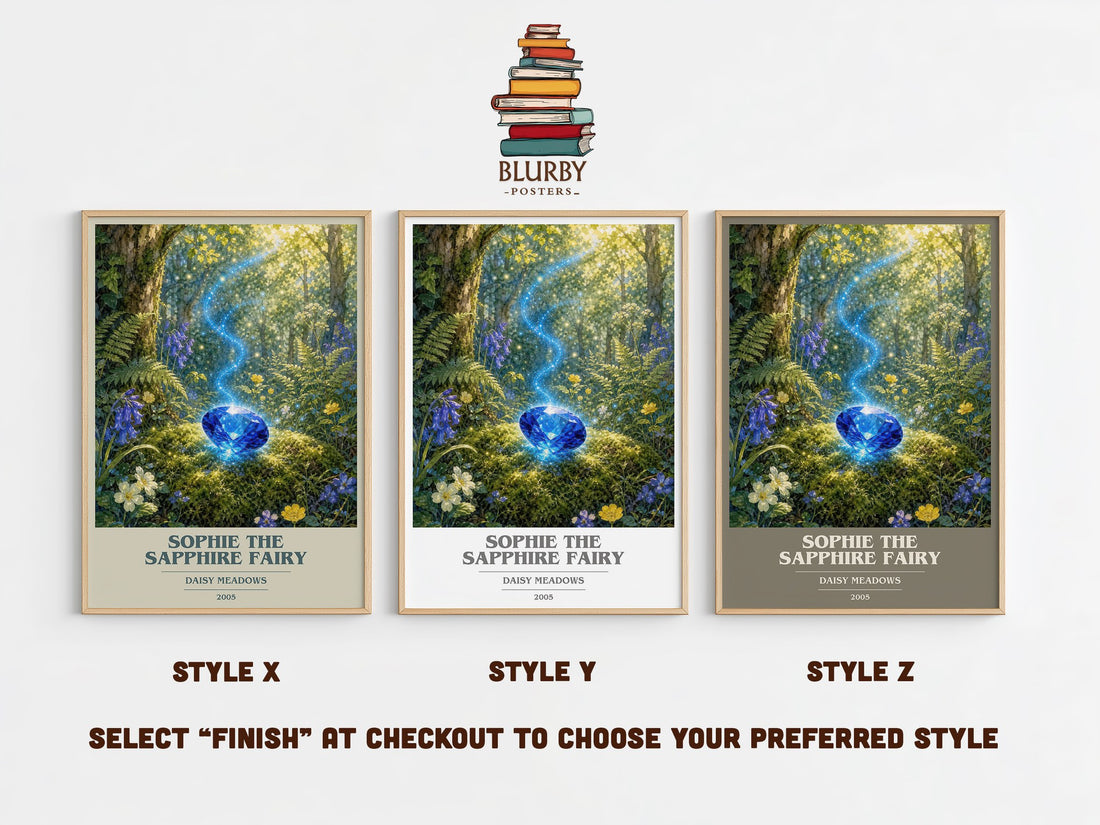 Sophie the Sapphire Fairy book cover print in frame leaning in hallway – childrens wall art (mockup)