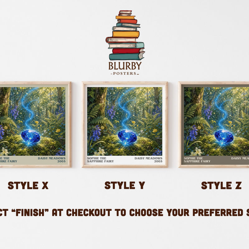 Sophie the Sapphire Fairy literary print in frame leaning in hallway – childrens wall art