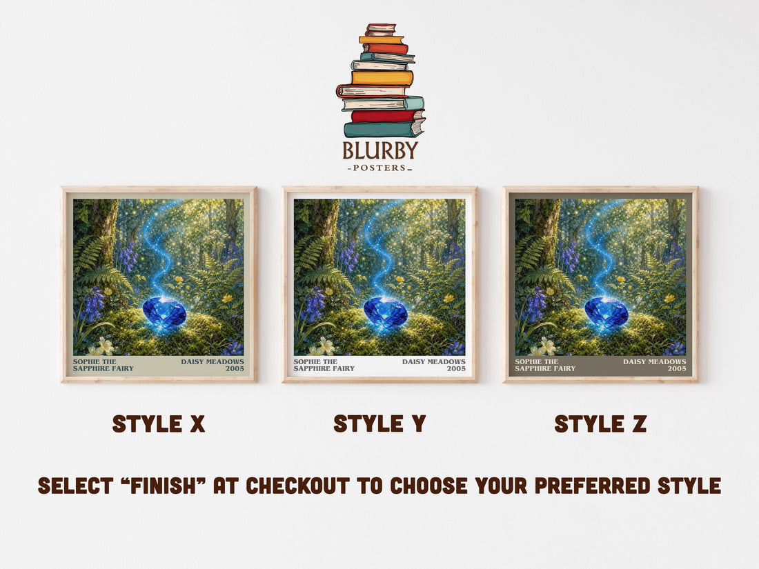 Sophie the Sapphire Fairy literary print in frame leaning in hallway – childrens wall art (mockup)