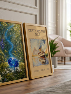 Sophie the Sapphire Fairy watercolour print framed by window – literary home decor