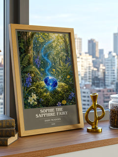 Sophie the Sapphire Fairy book cover print framed by window – literary home decor