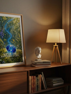 Sophie the Sapphire Fairy watercolour print on bookshelf – Daisy Meadows fan gift