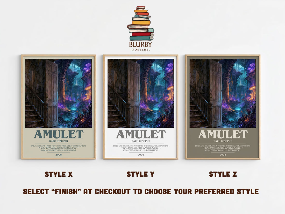 Amulet bookish print in frame leaning in hallway – fantasy wall art (mockup)