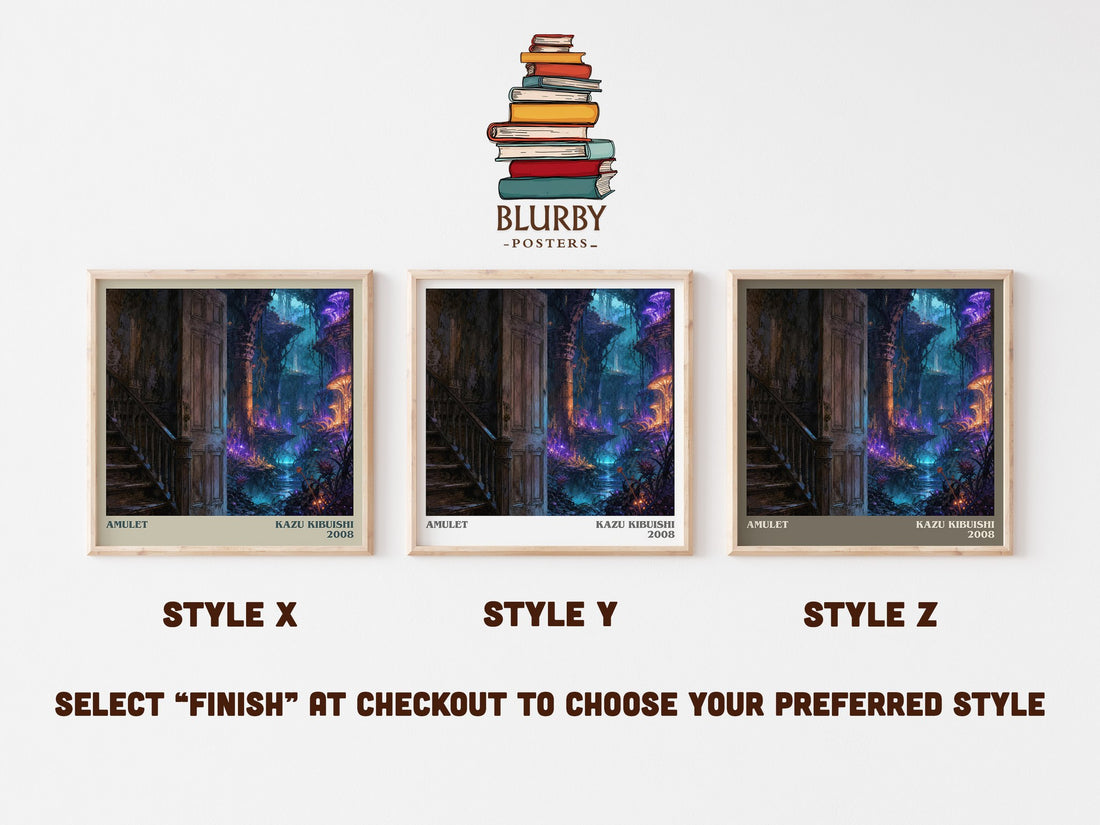 Amulet literary print in frame leaning in hallway – fantasy wall art (mockup)