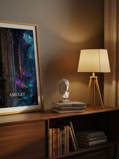 Amulet watercolour print on bookshelf – Kazu Kibuishi fan gift