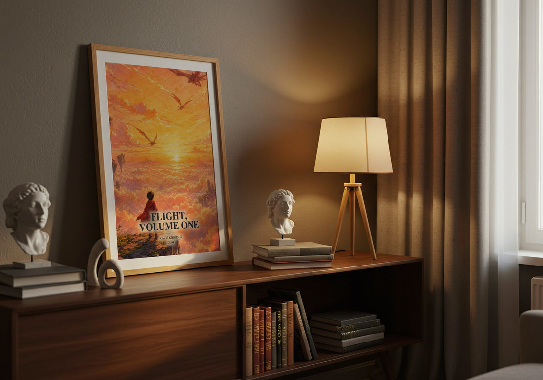 Flight, Volume One watercolour print on bookshelf – Kazu Kibuishi fan gift