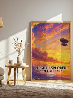 Flight Explorer, Volume One watercolour print in frame leaning in hallway – childrens wall art