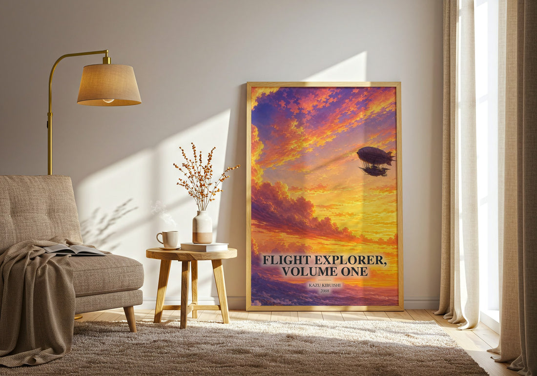 Flight Explorer, Volume One watercolour print in frame leaning in hallway – childrens wall art