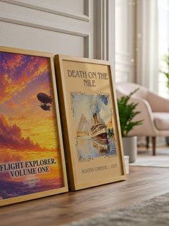 Flight Explorer, Volume One watercolour print framed by window – literary home decor
