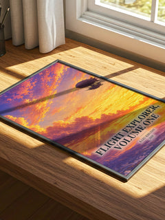 Flight Explorer, Volume One watercolour book poster framed on wall – childrens wall art