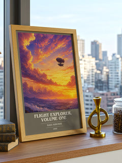 Flight Explorer, Volume One book cover print framed by window – literary home decor