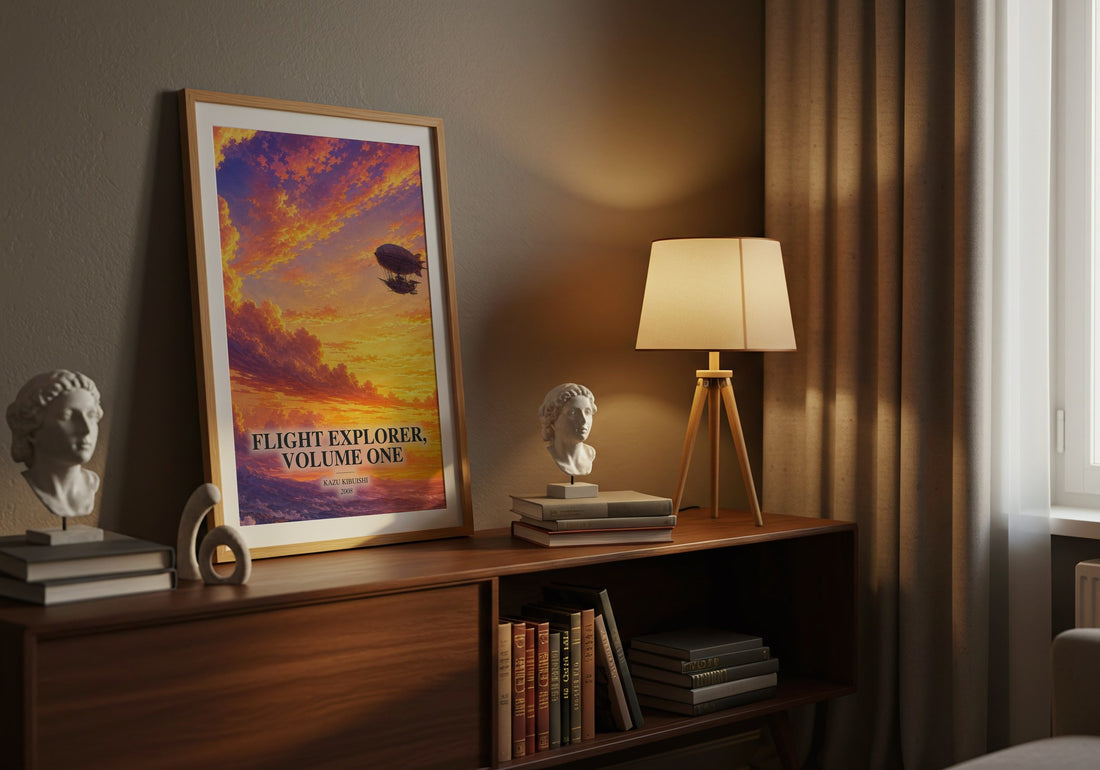 Flight Explorer, Volume One watercolour print on bookshelf – Kazu Kibuishi fan gift