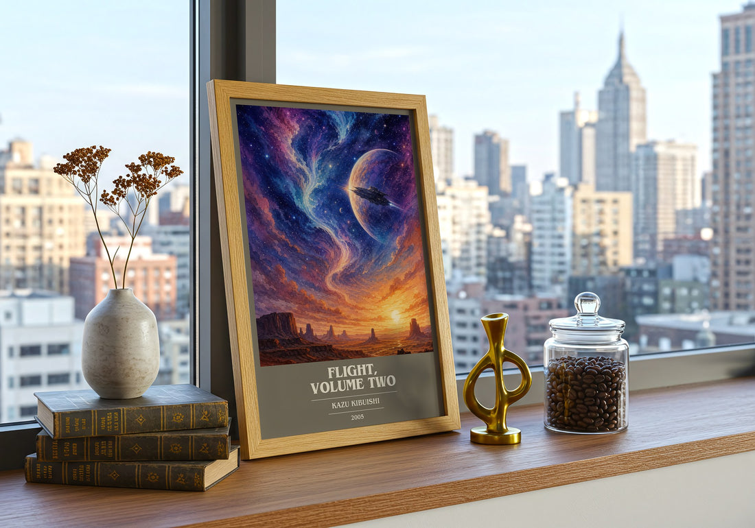 Flight, Volume Two book cover print framed by window – literary home decor