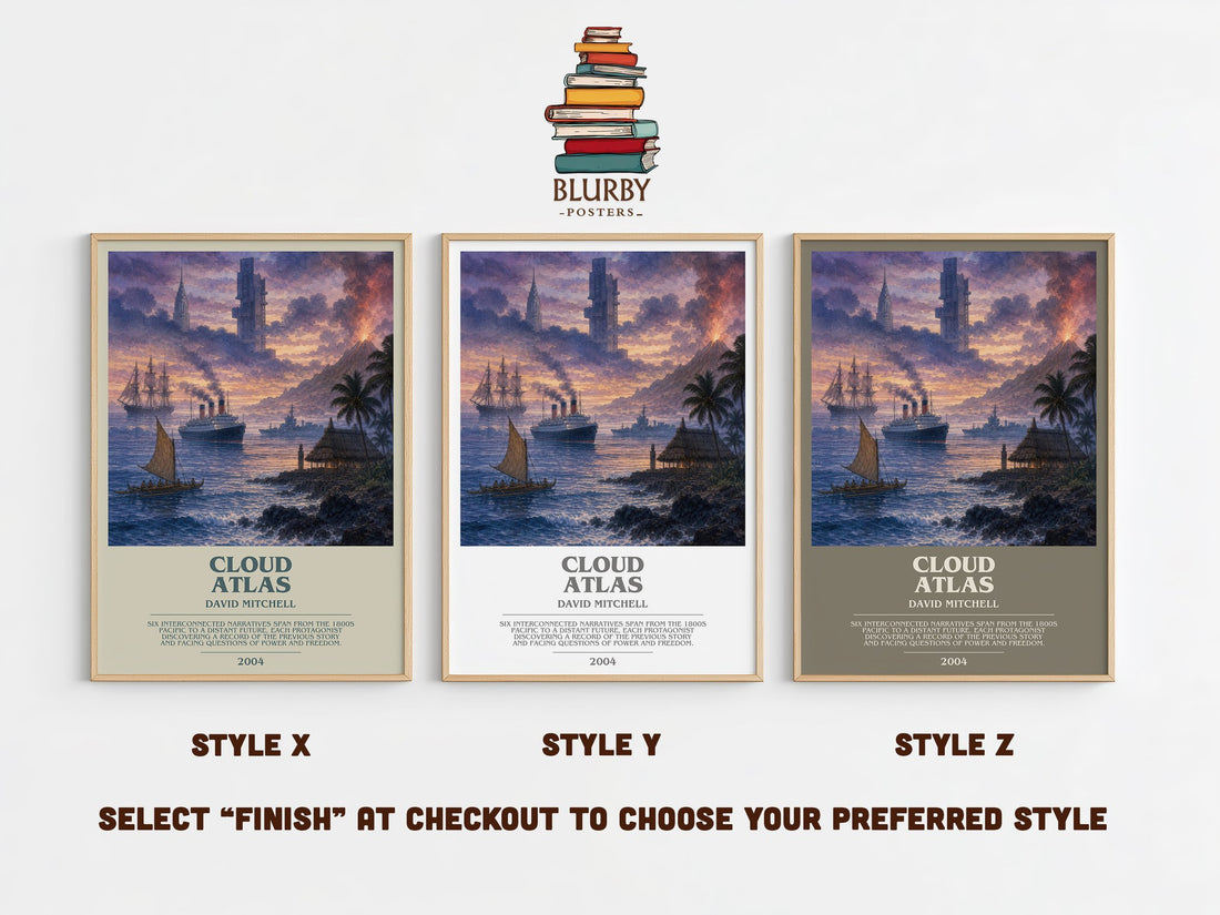Cloud Atlas bookish print in frame leaning in hallway – literary fiction wall art (mockup)