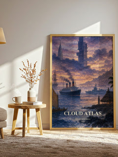 Cloud Atlas watercolour print in frame leaning in hallway – literary fiction wall art