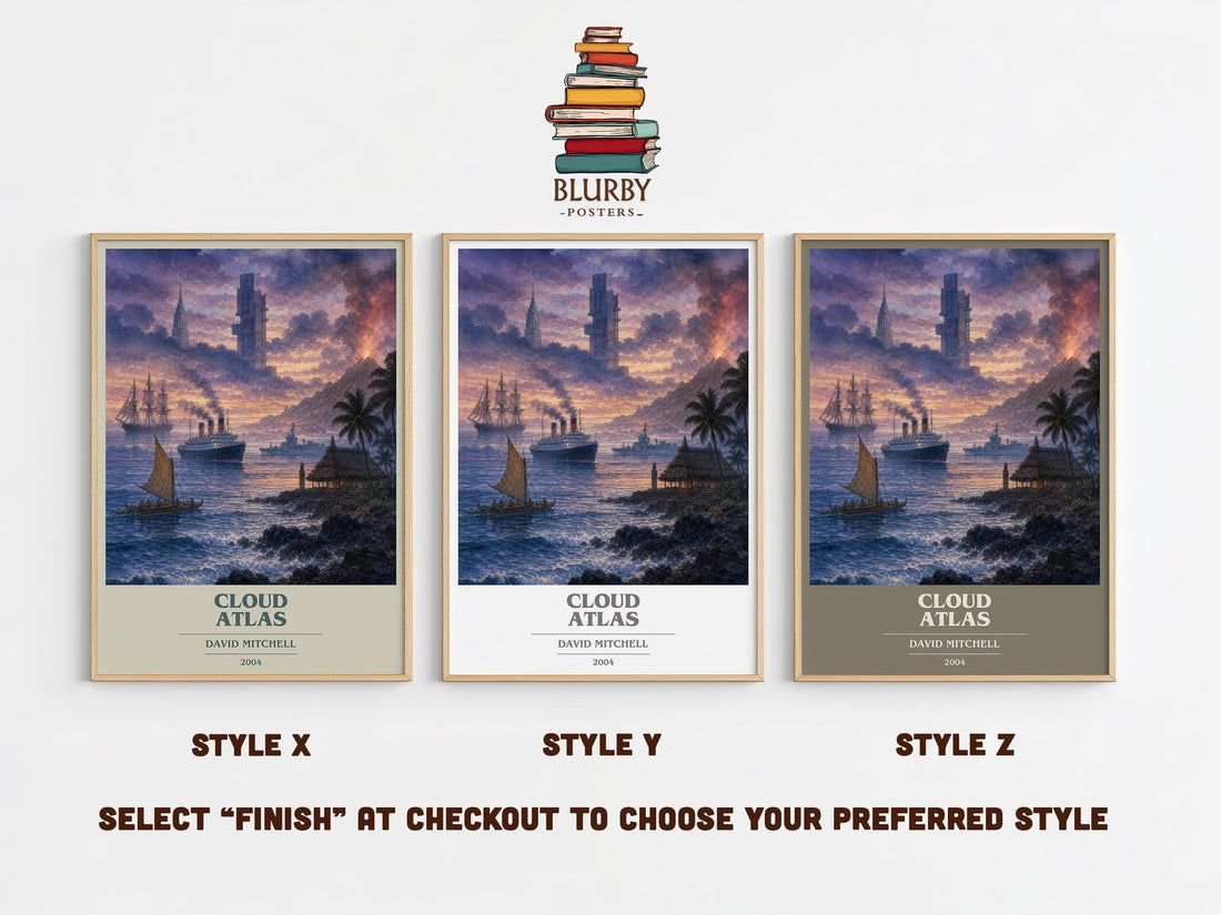 Cloud Atlas book cover print in frame leaning in hallway – literary fiction wall art (mockup)