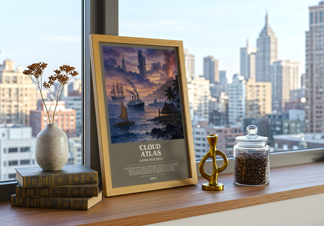 Cloud Atlas bookish print framed by window – literary home decor