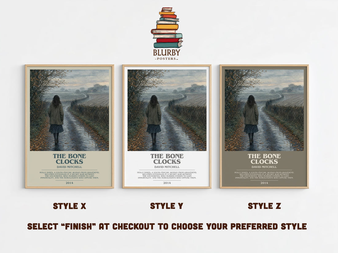 The Bone Clocks bookish print in frame leaning in hallway – literary fiction wall art (mockup)