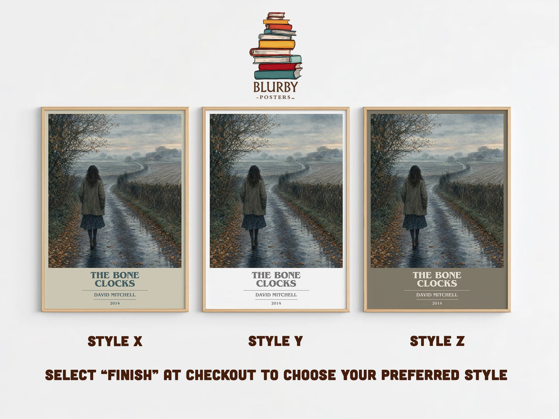 The Bone Clocks book cover print in frame leaning in hallway – literary fiction wall art (mockup)