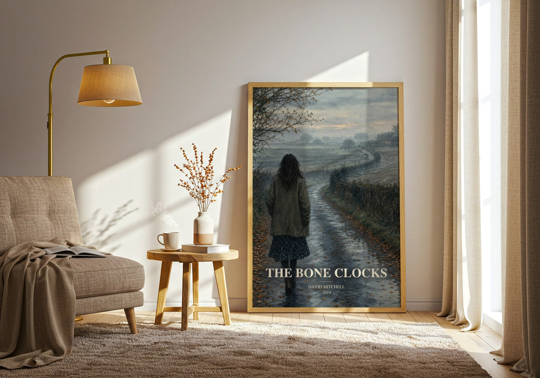 The Bone Clocks watercolour print in frame leaning in hallway – literary fiction wall art