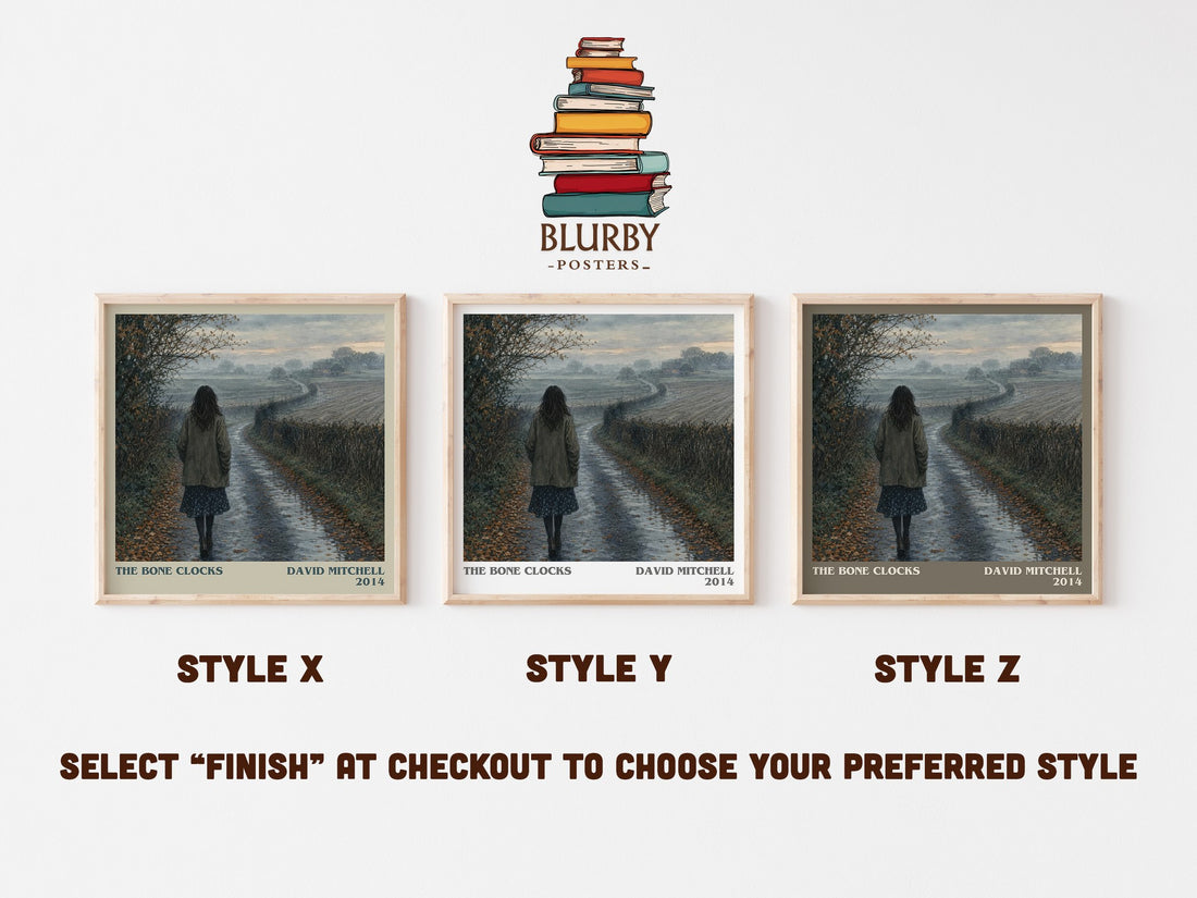 The Bone Clocks literary print in frame leaning in hallway – literary fiction wall art (mockup)