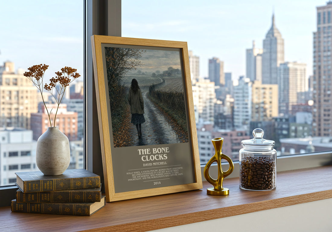 The Bone Clocks bookish print framed by window – literary home decor