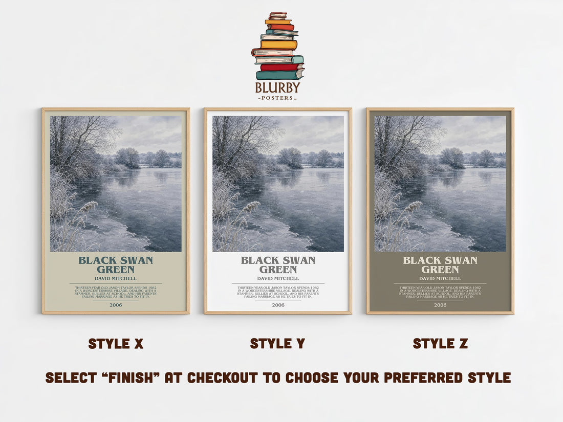 Black Swan Green bookish print in frame leaning in hallway – coming of age wall art (mockup)