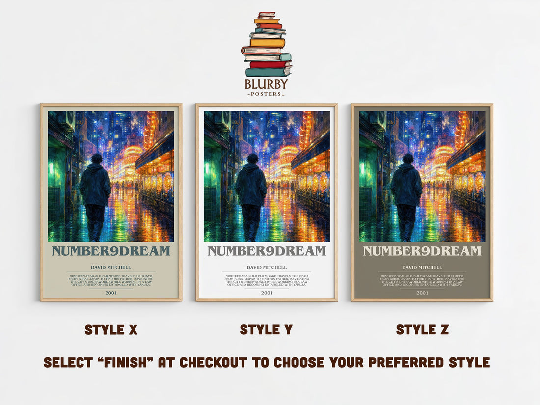 Number9Dream bookish print in frame leaning in hallway – literary fiction wall art (mockup)