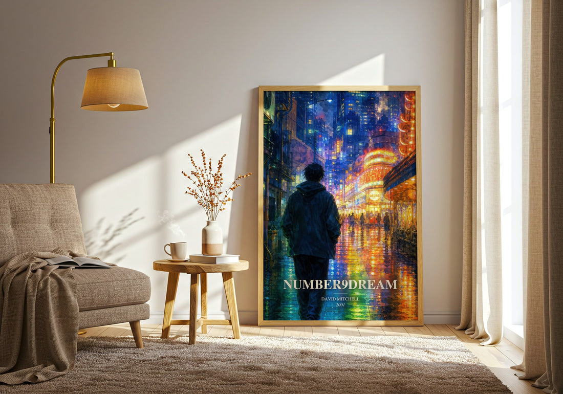 Number9Dream watercolour print in frame leaning in hallway – literary fiction wall art