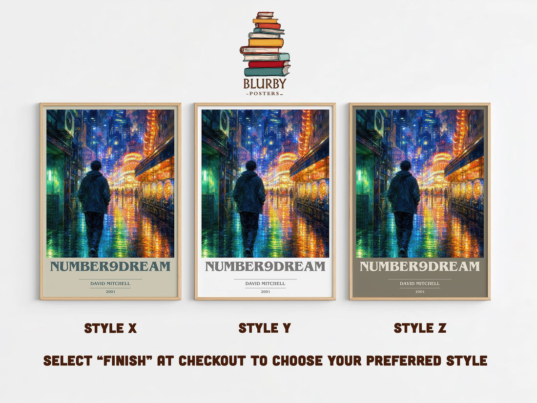 Number9Dream book cover print in frame leaning in hallway – literary fiction wall art (mockup)