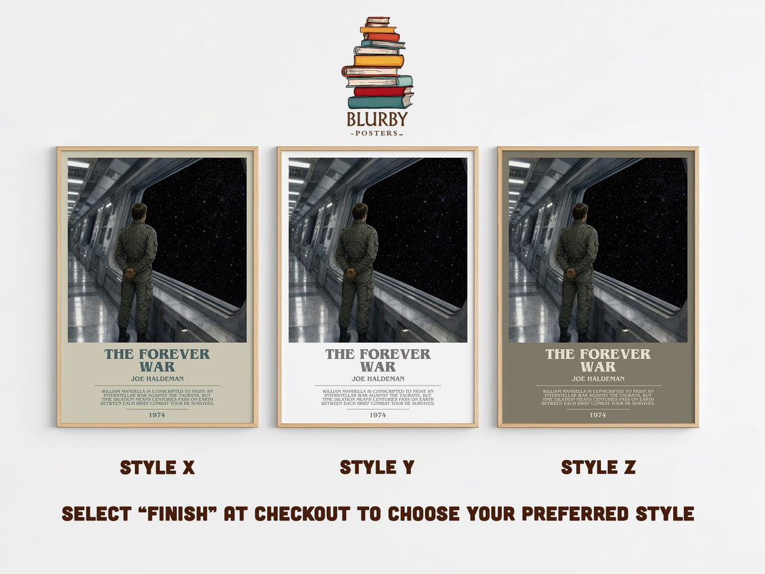 The Forever War bookish print in frame leaning in hallway – sci fi wall art (mockup)