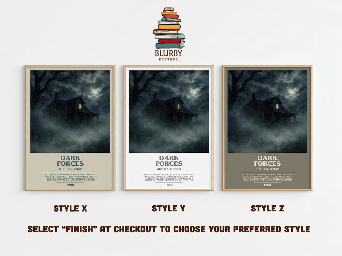 Dark Forces bookish print in frame leaning in hallway – horror wall art (mockup)