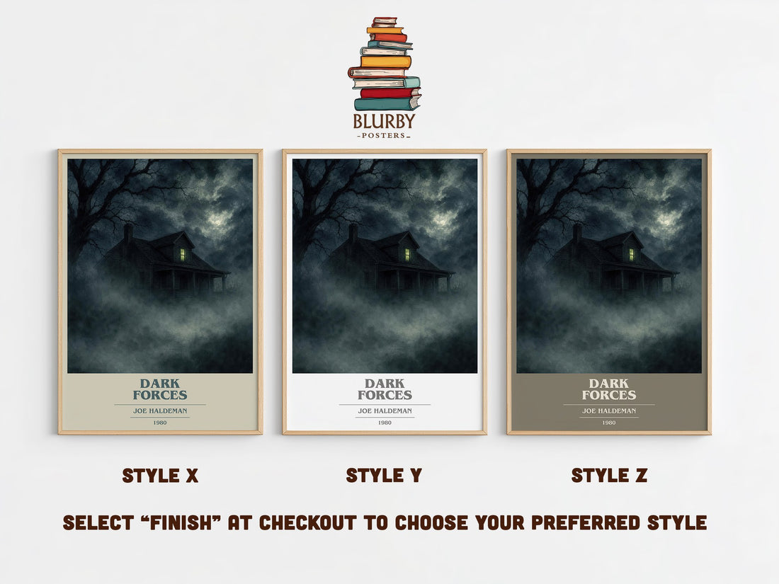 Dark Forces book cover print in frame leaning in hallway – horror wall art (mockup)