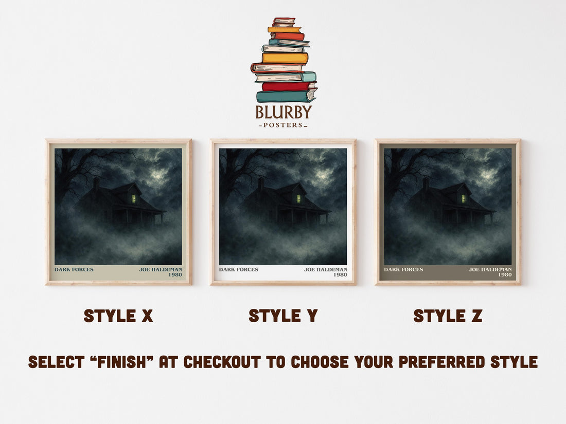 Dark Forces literary print in frame leaning in hallway – horror wall art (mockup)