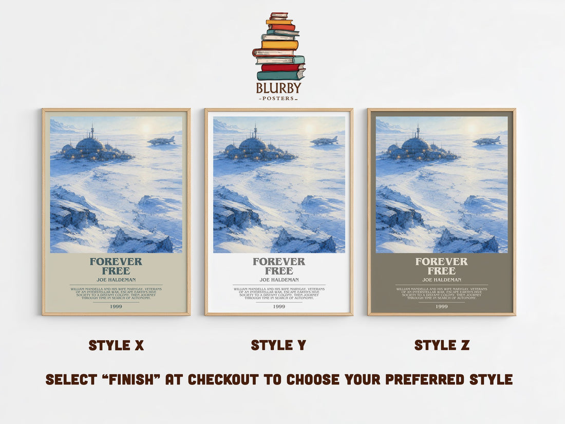 Forever free bookish print in frame leaning in hallway – sci fi wall art (mockup)