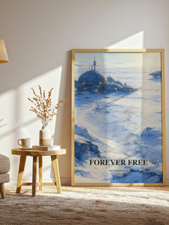 Forever free watercolour print in frame leaning in hallway – sci fi wall art