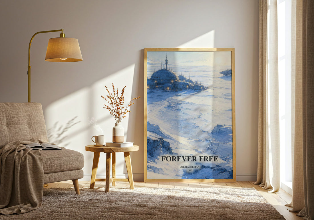 Forever free watercolour print in frame leaning in hallway – sci fi wall art