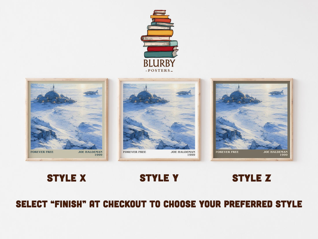 Forever free literary print in frame leaning in hallway – sci fi wall art (mockup)