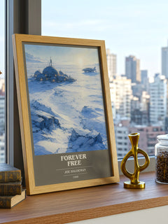 Forever free Book Cover Poster by Joe Haldeman – framed print on a city-view windowsill