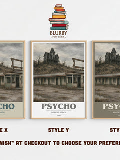Psycho book cover print in frame leaning in hallway – horror wall art