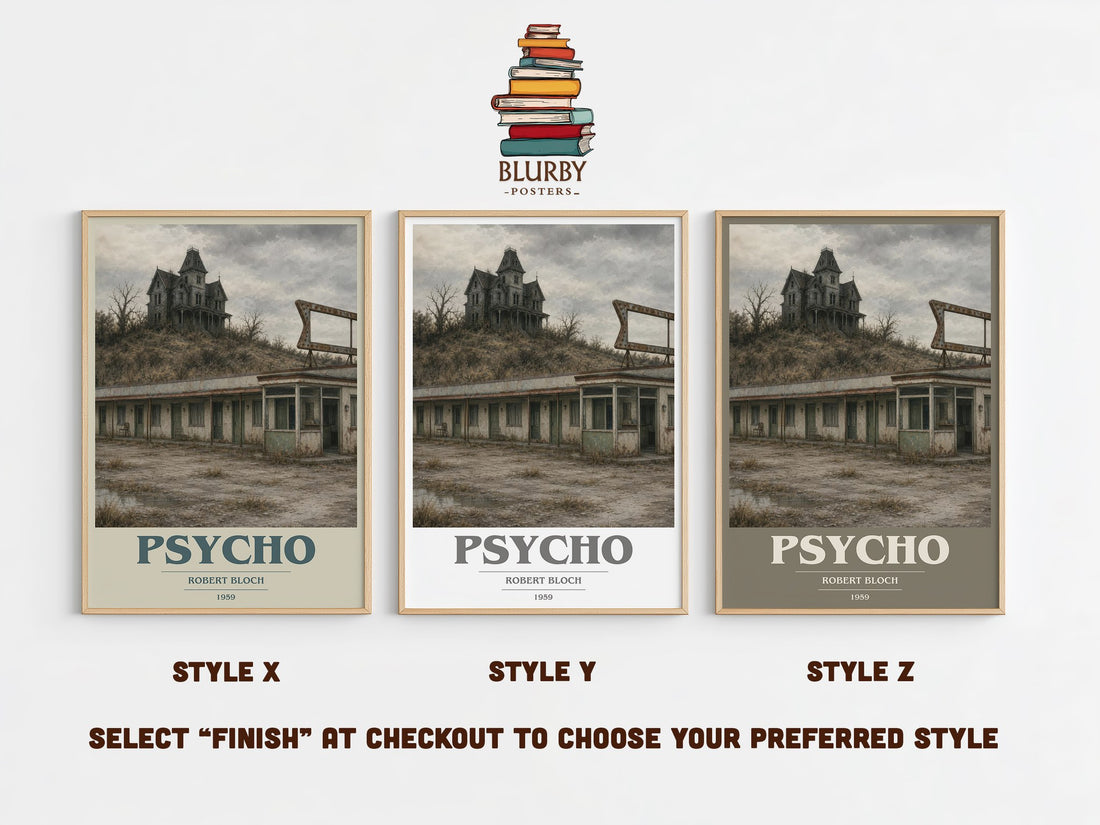 Psycho book cover print in frame leaning in hallway – horror wall art (mockup)
