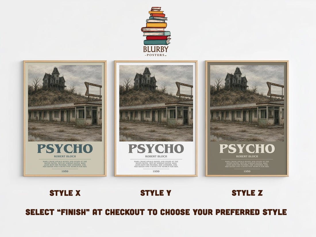 Psycho bookish print in frame leaning in hallway – horror wall art (mockup)